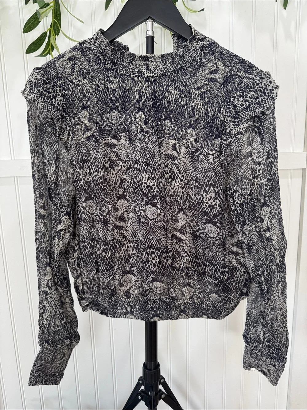 #595 FREE PEOPLE Roma Sheer Smocked-Neck Animal Print Blouse - Black & White